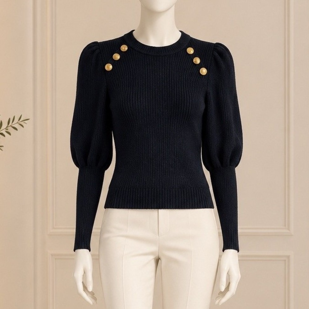 Zara Womens Sweater Navy Blue Gold Button Puff Sleeve Ribbed Size Small